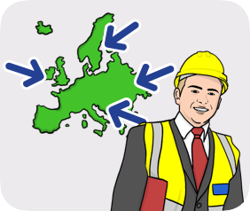 A smiling man, wearing a safety helmet standing in front of of a map of Europe